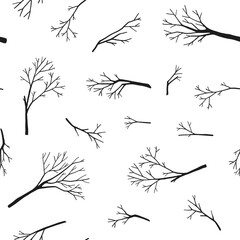 Natural organic eco seamless pattern, leafless tree and bare branch silhouette, outdoor autumn or winter hand drawn isolated clip art, wood collection for Halloween banner, card layout, fabric design