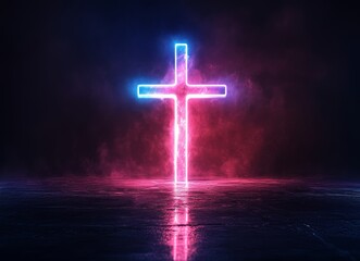 Fototapeta premium Luminous blue and red curved lines, characterized by their abstract nature, converge to create a dynamic and symmetrical pattern against a dark, futuristic-looking backdrop