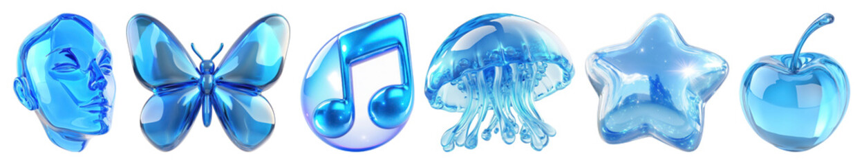 Naklejka na ściany i meble PNG Glossy blue 3D icons collection, element set on transparent background