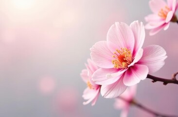 Pink cherry blossom on white background, isolated Sakura tree branch