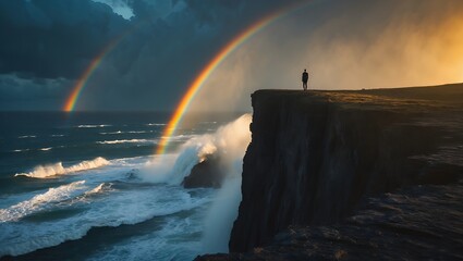 Man on cliff with ocean and double rainbow