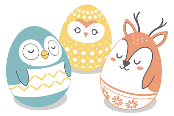 49 Cute egg-shaped animal figurines, Easter-themed characters, Kawaii style, Minimalist design, Pastel colors, Blue penguin, Yellow reindeer, Polka dot owl, Orange deer, White egg, Smooth textures, Si
