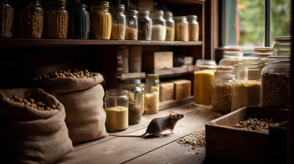 Small mouse sneaking between jars and sacks in a rustic pantry, shelves filled with grains, spices, and dried herbs
