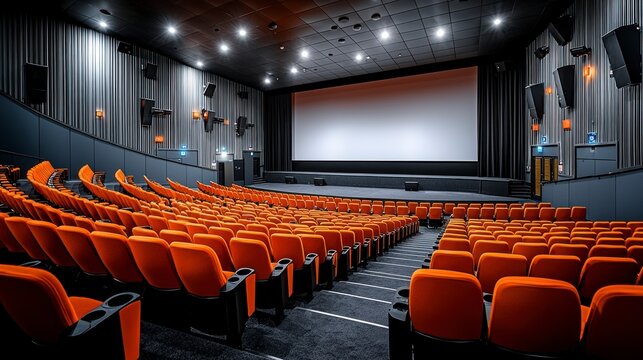 Spacious theater with orange seating and a big screen