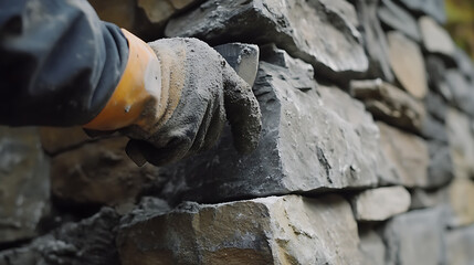Mason Laying Stone Blocks in Wall Construction