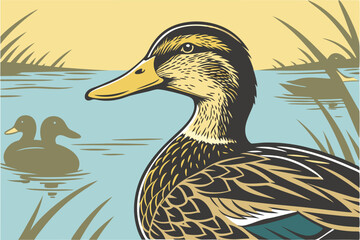 50 Closeup of a mallard duck, vibrant yellow beak, detailed feathers, blue water, soft focus background, natural lighting, shallow depth of field, ripples on water surface, other ducks in background, 