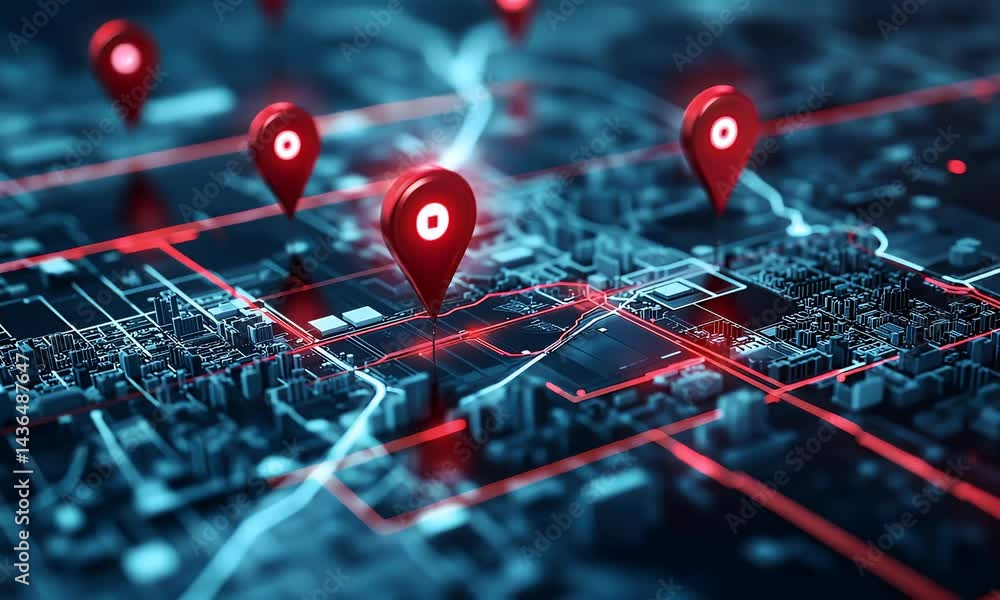 Poster futuristic digital map interface showing glowing gps location markers on a city grid, representing a