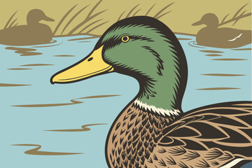 50 Closeup of a mallard duck, vibrant yellow beak, detailed feathers, blue water, soft focus background, natural lighting, shallow depth of field, ripples on water surface, other ducks in background, 