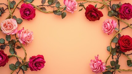 Subtle golden vines wrapped with radiant pink and rich red roses, isolated on a vibrant peach background