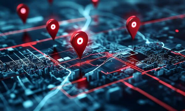 Futuristic digital map interface showing glowing GPS location markers on a city grid, representing advanced navigation, tracking, and geolocation tech.