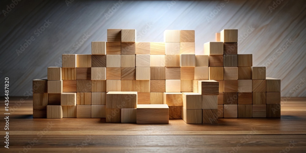 Aufkleber illuminated wooden blocks arranged in an abstract formation on a wooden surface
