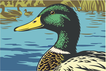 50 Closeup of a mallard duck, vibrant yellow beak, detailed feathers, blue water, soft focus background, natural lighting, shallow depth of field, ripples on water surface, other ducks in background, 