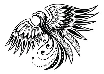 Elegant Tribal Phoenix Tattoo Design with Detailed Feathers and Ornate Tail