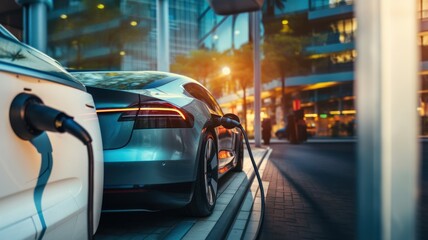 Obraz premium Electric Car. Modern Electric Vehicle. Electric Car Charging at Station. Eco-Friendly Vehicle Connected to Power Source. Clean Energy and Sustainable Transportation Concept with copy space. 
