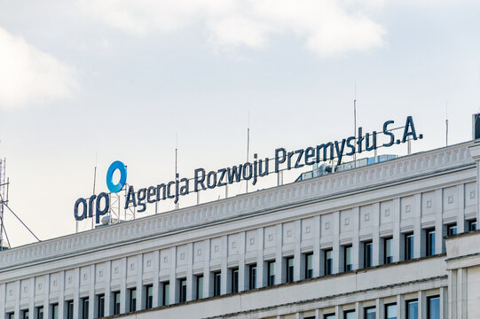 Warsaw, Poland - April 12, 2025: Logo and sign of ARP Agencja Rozwoju Przemyslu SA.