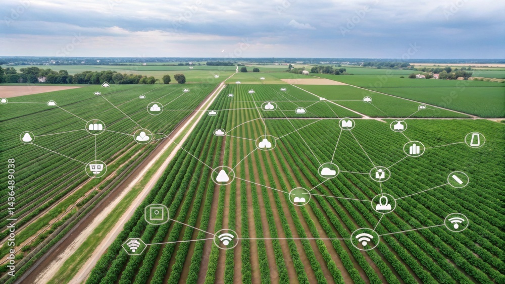 Poster aerial view of a smart farm using digital technology and iot devices to optimize agricultural produc