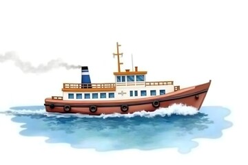 Obraz premium Watercolor Ferry Passenger Boat on the Water