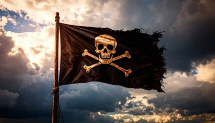 Naklejka premium Una dramática fotografía de una bandera pirata destrozada ondeando desafiante contra un cielo tormentoso de fondo. La imagen simboliza el peligro, la rebeldía y el espíritu rebelde de la vida pirata. 