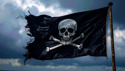 Fototapeta premium Una dramática fotografía de una bandera pirata destrozada ondeando desafiante contra un cielo tormentoso de fondo. La imagen simboliza el peligro, la rebeldía y el espíritu rebelde de la vida pirata. 