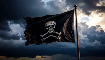 Naklejka premium Una dramática fotografía de una bandera pirata destrozada ondeando desafiante contra un cielo tormentoso de fondo. La imagen simboliza el peligro, la rebeldía y el espíritu rebelde de la vida pirata. 