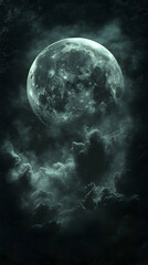 Fototapeta premium Eerie green-tinged full moon dominates a dark stormy night sky shrouded in heavy ominous clouds