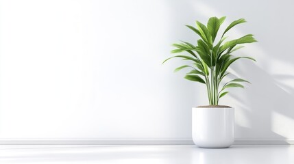 Minimalist indoor plant in a white pot against a white wall.  Sunlight casts a gentle shadow