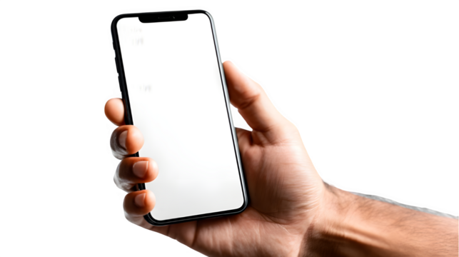 Hand Holding a Smartphone: A close-up captures a hand, gracefully cradling a sleek smartphone, its blank screen offering a canvas for imagination.
