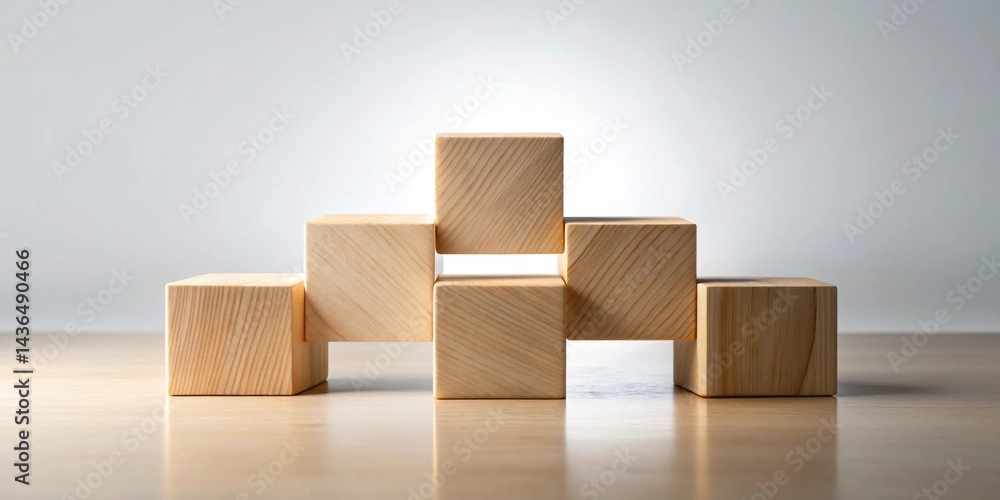 Fototapete Unstable Wooden Block Structure on a Reflective Surface A Study in Balance and Potential Collapse