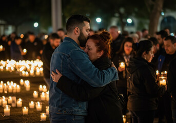 Obraz premium A couple embrace in front of candles at the romantic dinner table set with flowers and elegant tableware.