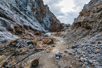 Rocky geothermal landscape at Sousaki Volcano Greece