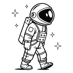 Walking Astronaut Cartoon Line Art Illustration