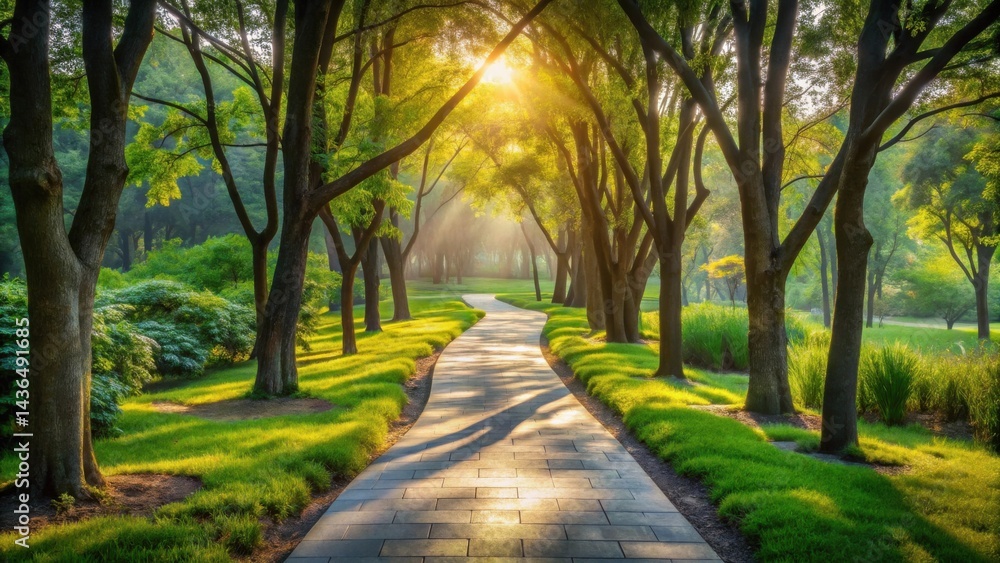 Poster serene pathway through a sunlit grove of trees, illuminated by the golden rays of dawn