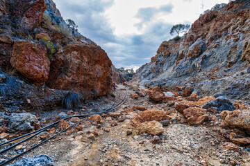 Rocky geothermal landscape at Sousaki Volcano Greece