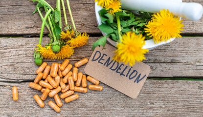 Dandelion extract and homeopathic supplements. Selective focus.