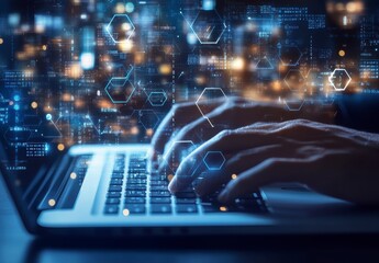 Nighttime Data Processing Hands Typing on Laptop with City Lights and Glowing Digital Overlays