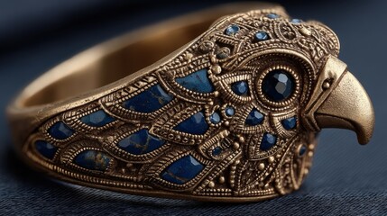 Fototapeta premium Majestic bronze eagle ring with lapis lazuli and smoky quartz in luxurious setting