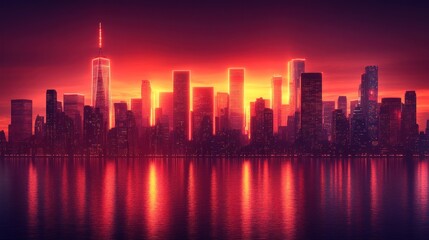 Fototapeta premium Cyberpunk Cityscape at Sunset: A Futuristic Metropolis Reflecting in Calm Waters