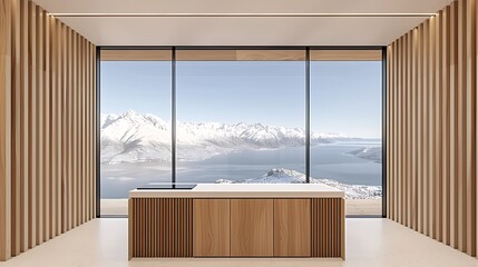 Contemporary kitchen with a mountain vista, blending minimalism and nature seamlessly