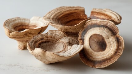 Dried and sliced agarikon mushroom showcasing woodgrain texture on clean background
