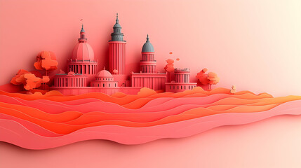 Coral-toned paper art depicting a cityscape nestled in rolling hills featuring several domed structures and trees