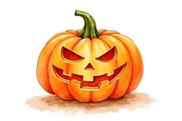 Watercolor Jack-o’-Lantern, Carved Halloween Pumpkin, Isolated on White