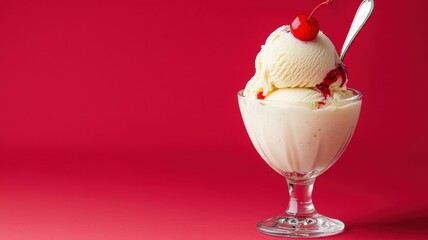 National ice cream day with vanilla sweet idea. Delicious vanilla ice cream sundae with cherry on a red background.