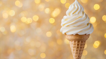 National ice cream day with vanilla sweet idea. Delicious vanilla soft serve cone with a dreamy golden background.