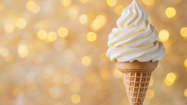 National ice cream day with vanilla sweet idea. Delicious vanilla soft serve cone with a dreamy golden background. - Powered by Adobe