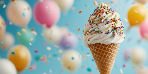 National ice cream day with vanilla sweet idea. Delicious vanilla soft serve ice cream cone with colorful balloons in the background.