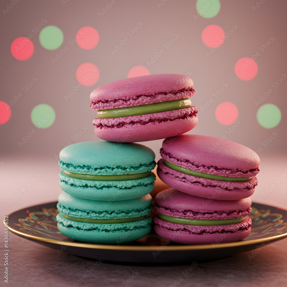 Poster 3d a stack of colorful macarons on a plate, with a blurred background featuring colorful lights.