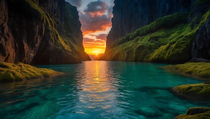 Green water landscape with sunset and mossy cliffs