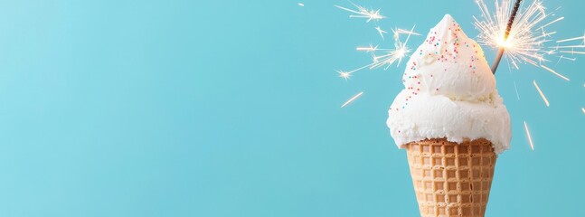 National ice cream day with vanilla sweet idea. Vanilla ice cream cone topped with sparkler against a blue background.