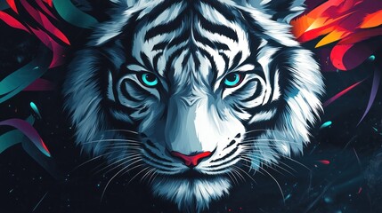 Majestic white tiger portrait, vibrant background, wildlife art, poster