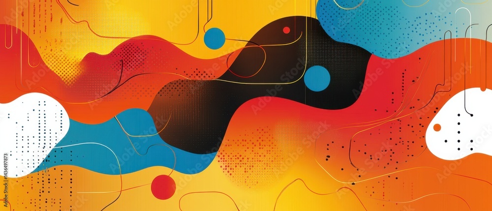 Poster vibrant abstract background with fluid shapes, halftone patterns, and dynamic lines in a modern colo